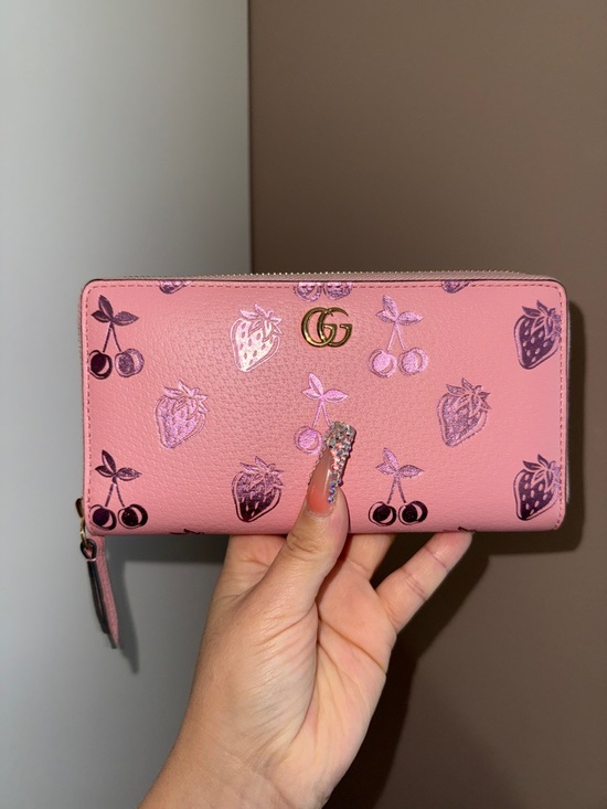 Gucci Handbags - Gucci Pink Fruit-Print Zip Wallet with Gold GG